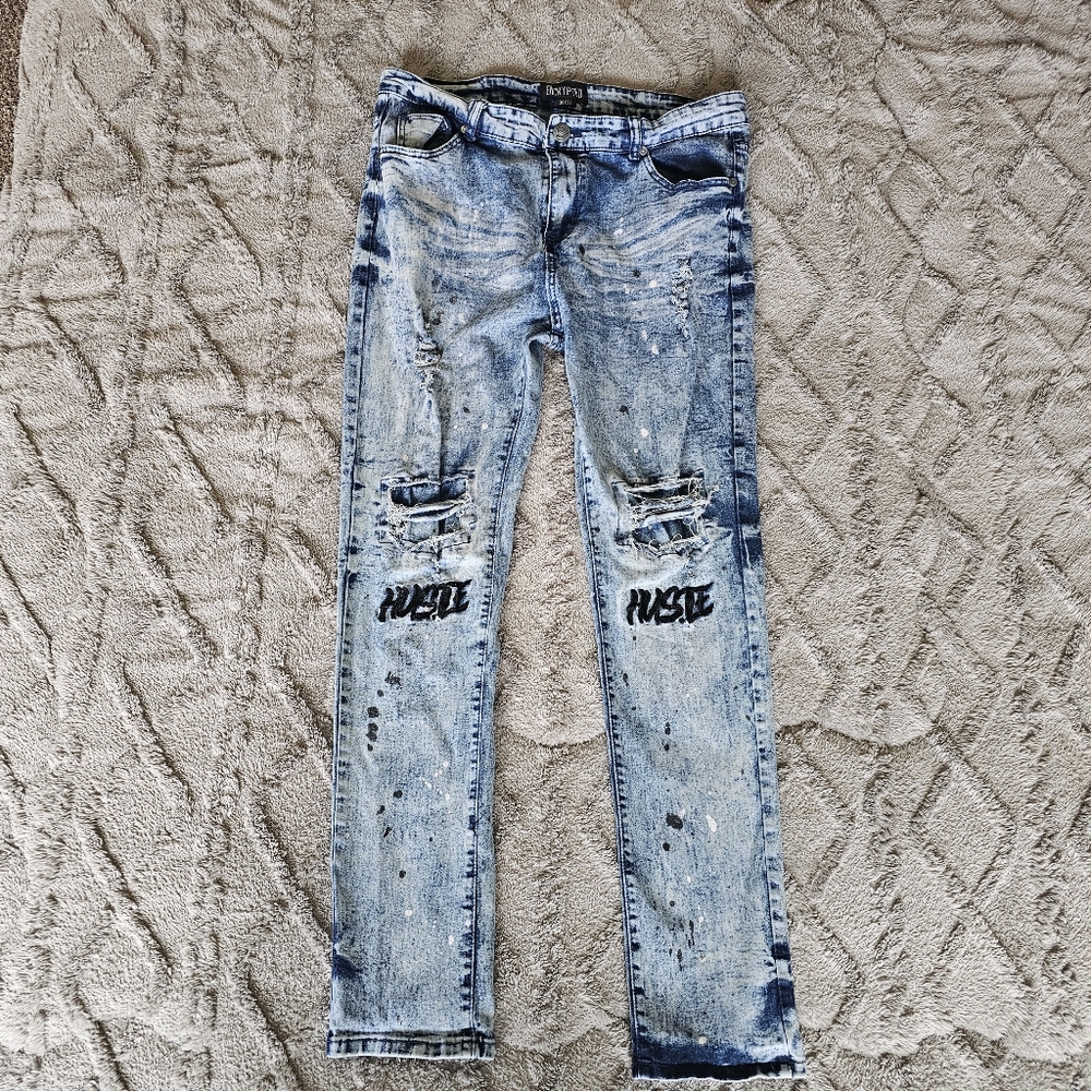 Encrypted Mens Jeans Size 38x32 Skinny Fit  Denim Pants Hustle Distressed Moto